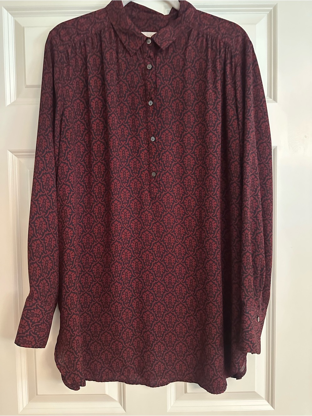 LOFT Burgundy Damask Print Long Sleeve Blouse Size XL